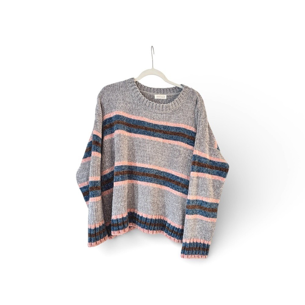 Vestique Chenille Striped Oversized Sweater Grey Blue Pink ATKV0335 Mens L